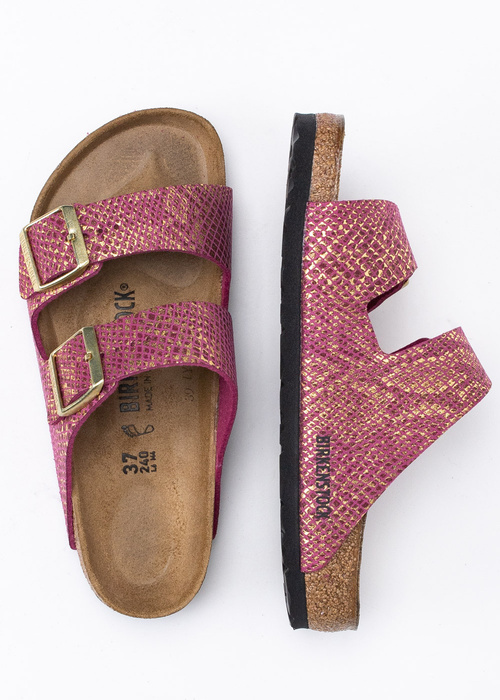 Damen Pantoletten Birkenstock Arizona MF Shiny Python Dark Fuchsia